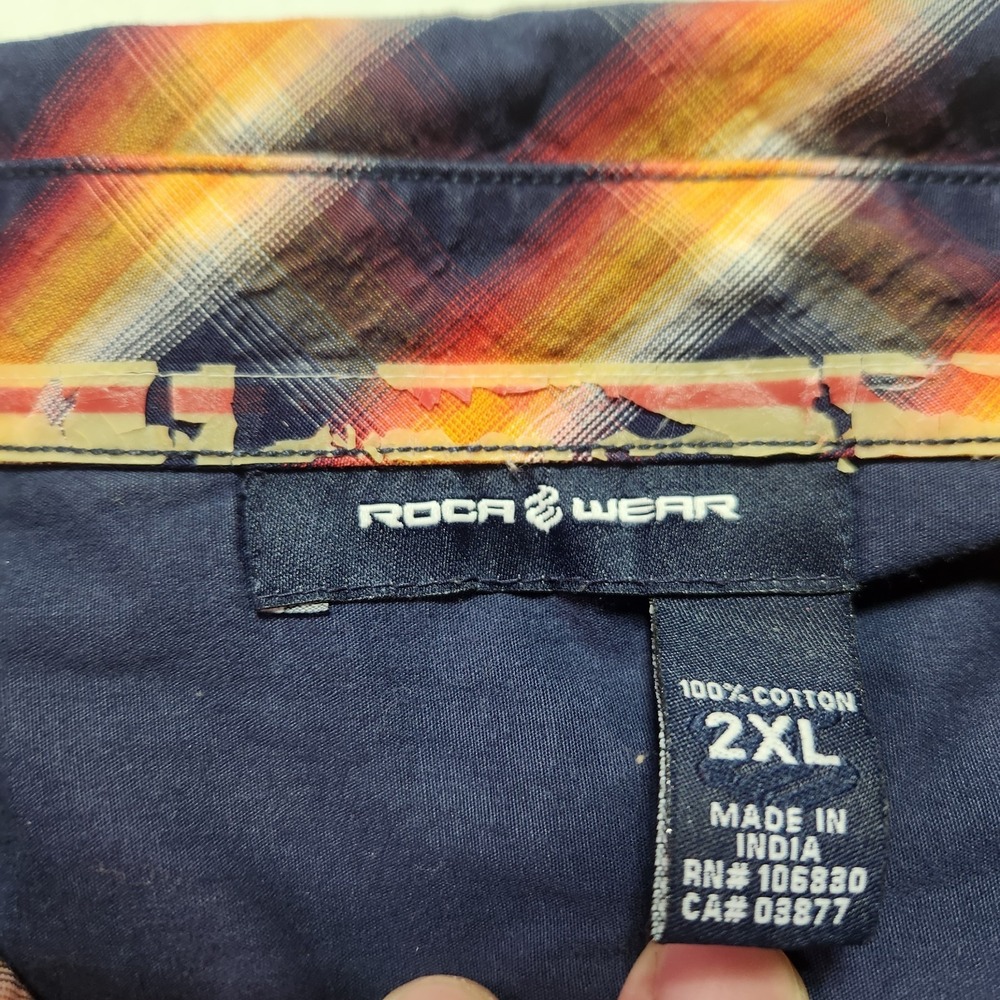 Rocawear Mens 2XL Plaid Button Up Shirt Blue Orange Yellow Long Sleeve Cotton - Picture 7 of 12